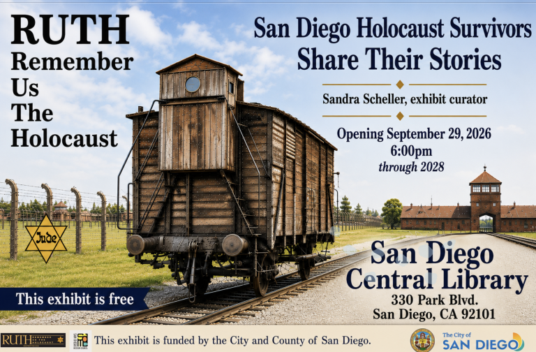RUTH Remember Us The Holocaust exhibit announcement for the San Diego Central Library, opening September 29, 2026